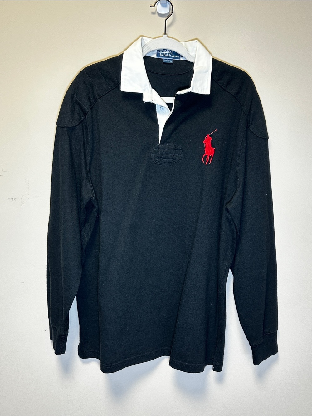 Vintage Polo Ralph Lauren Rugby Shirt Men’s M Black Red Pony Elbow Patches - Picture 2 of 10